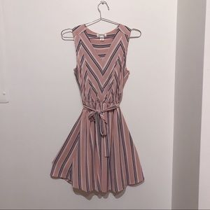 Monteau Vertical Striped V Neck A Line Flowy Knee Length Dress with Tie Waist